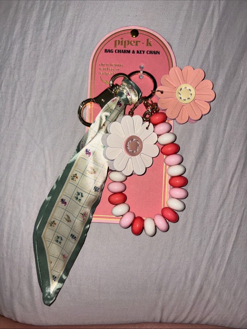 Piper K Pink, White & Red Daisy Beaded Bag Charm Key Chain